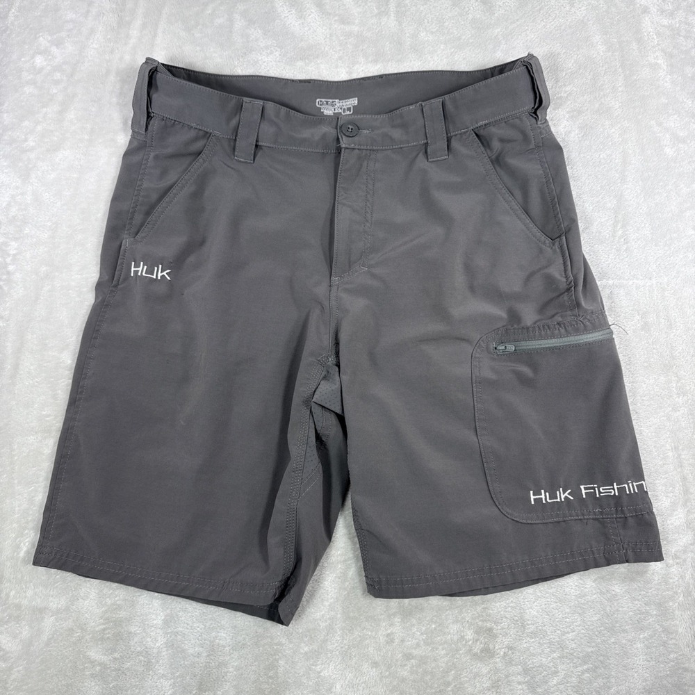 Huk Mens Performance Fishing Shorts Grey Zip Pockets Embroidery Large